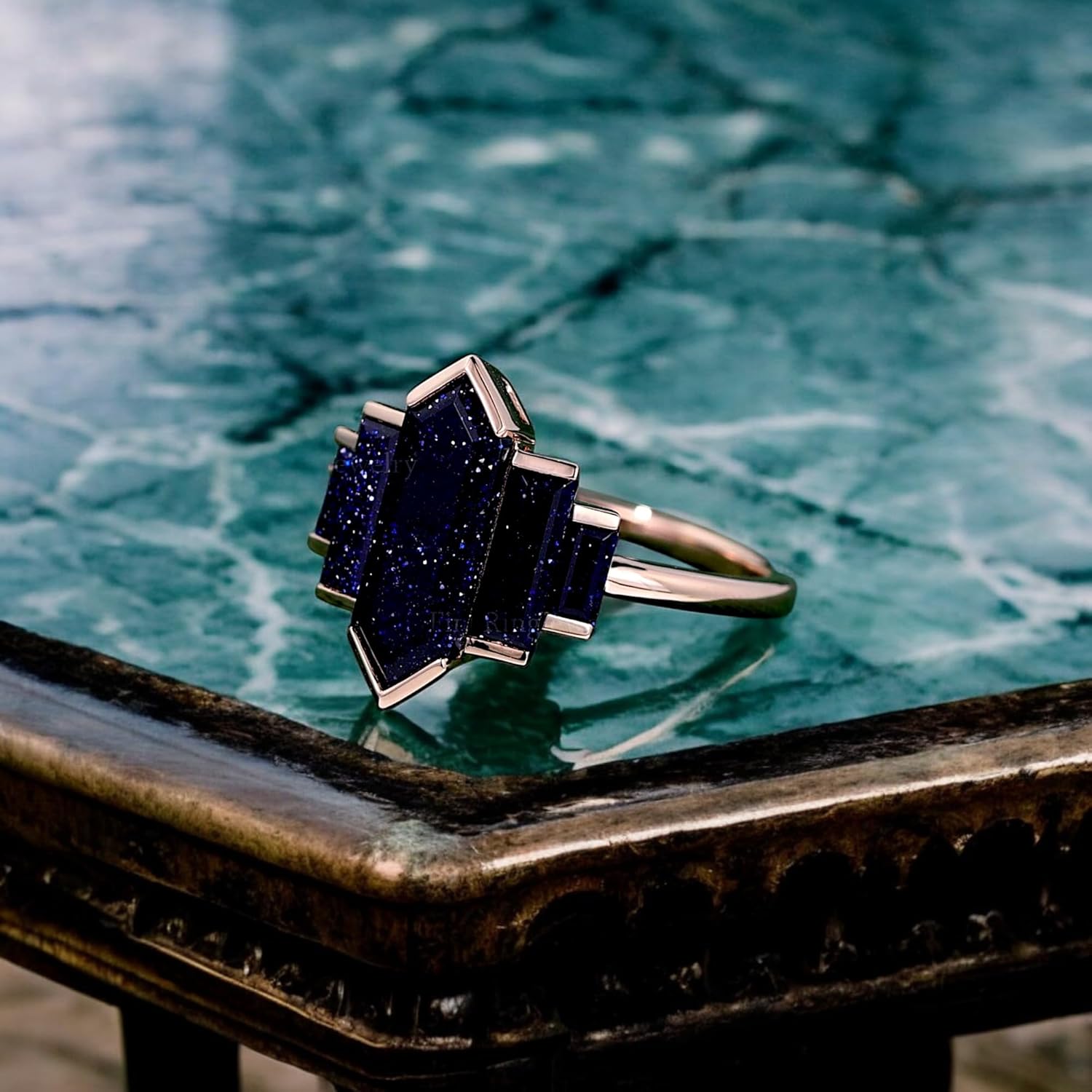 Hexagon cut Blue sandstone ring Vintage Rose gold engagement Galaxy Jewelry Baguette cut sandstone Band bridal Handmade Sky nebula ring for women