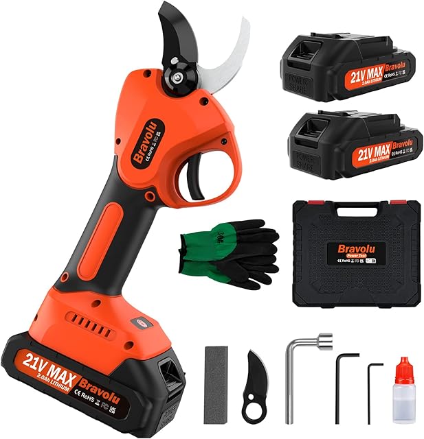 Electric Pruning Shears, Bravolu 30mm Cordless Pruning Shears, Professional Power Secateurs with 2 x 2.0Ah Battery for Pruning Gardening Fruit Tree Vineyard