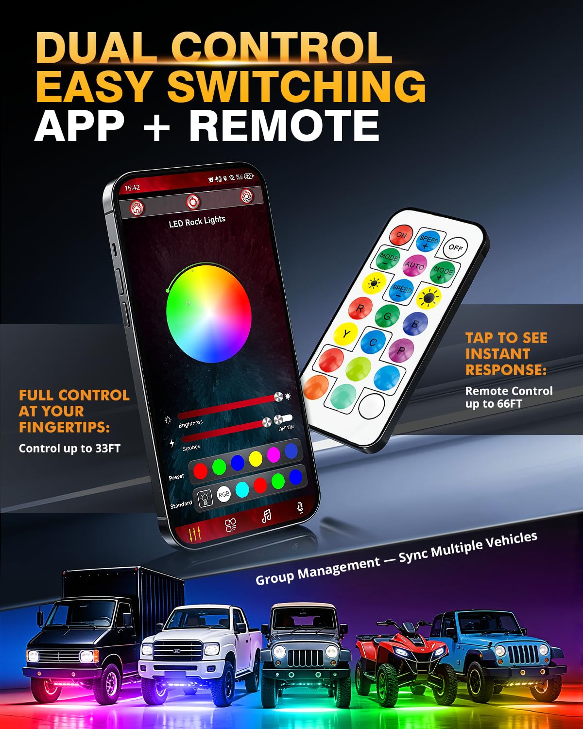 Kit 4/6/8 Lampes LED Rock Lights RGB – Contrôle APP Bluetooth, Synchro Musique, Étanche IP67 – Éclairage Châssis Voiture, 4x4, Moto, Bateau