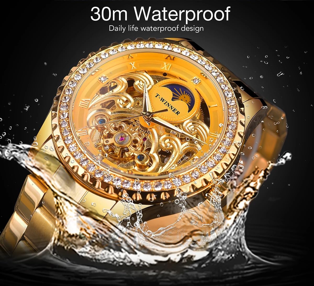 Golden Moon Phase Design Luxus Retro Stil Uhr Diamant Edelstahl Armband Skelett Tourbillon Männer Automatische Mechanische Uhren