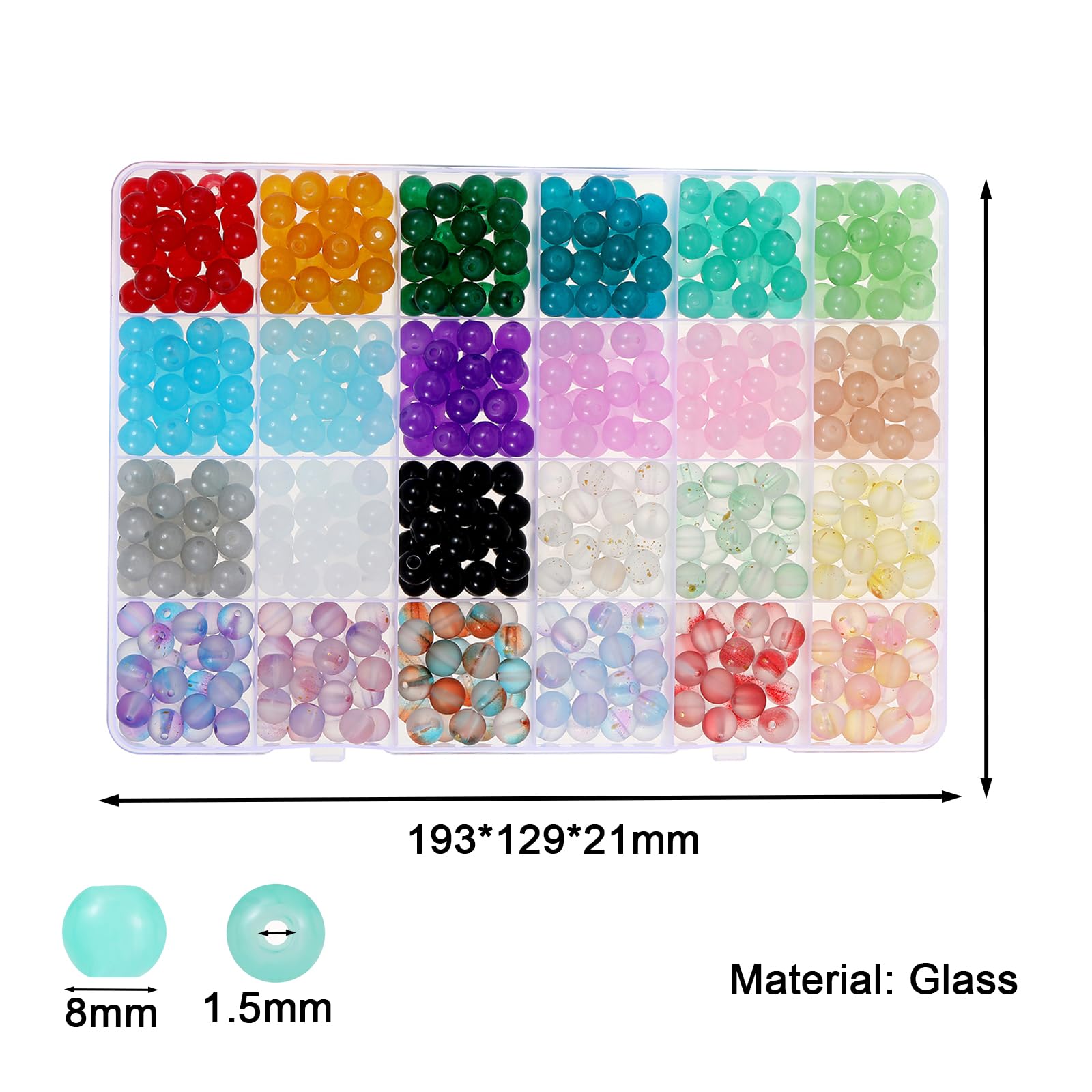 LUBINGSHINE 1200 cuentas de cristal de 8 mm para hacer joyas, kit de cuentas de vidrio de 24 colores para pulseras, fabricación de joyas y manualidades, 2 cajas de cuentas redondas de cristal
