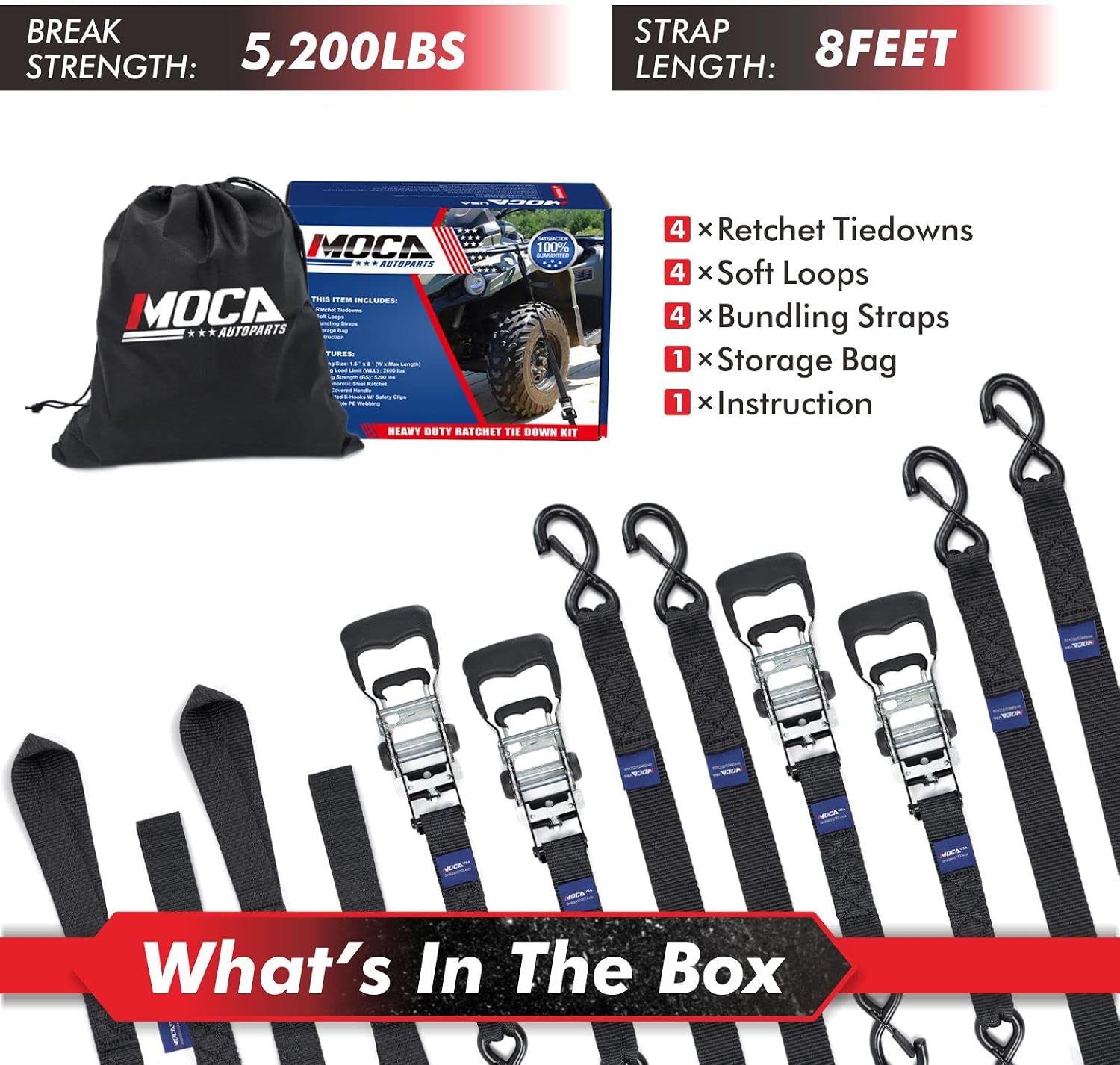MOCA Heavy Duty Ratchet Tie Down Straps - 5200 Lbs Breaking Strength 1.6" x 8' , Includes 4 Heavy Duty Ratchet Padded Handles & Coated Chromoly S Hooks & 4 Soft Loop Tie-Downs