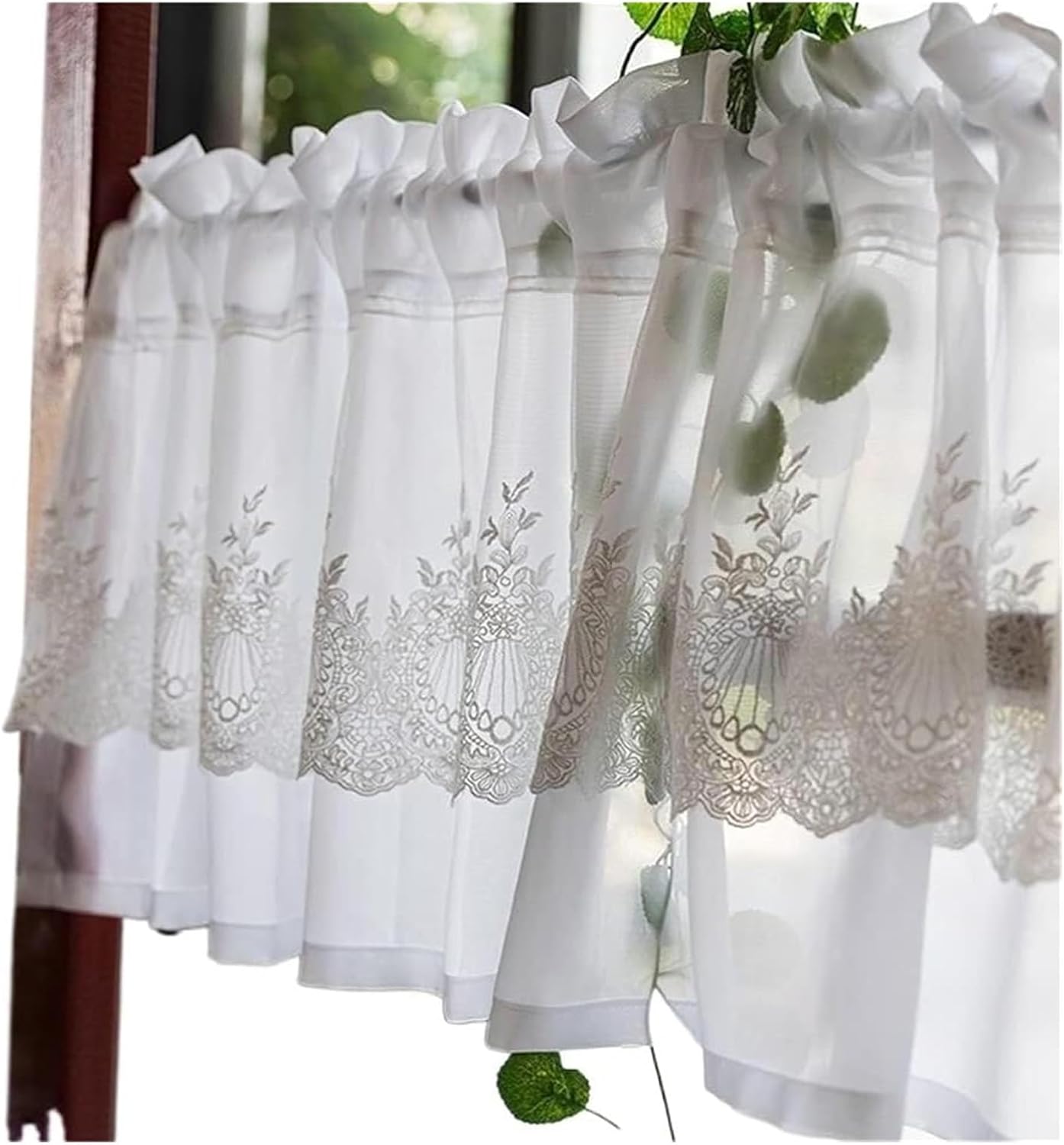 Window Curtain,Valance Curtains Sheer Valance Curtain,Window Curtains,Sheer Kitchen Curtain, White Embroidery 2 Layer Lace Curtain, Romantic Valance for Home Decor(W x H 300 x 40cm)