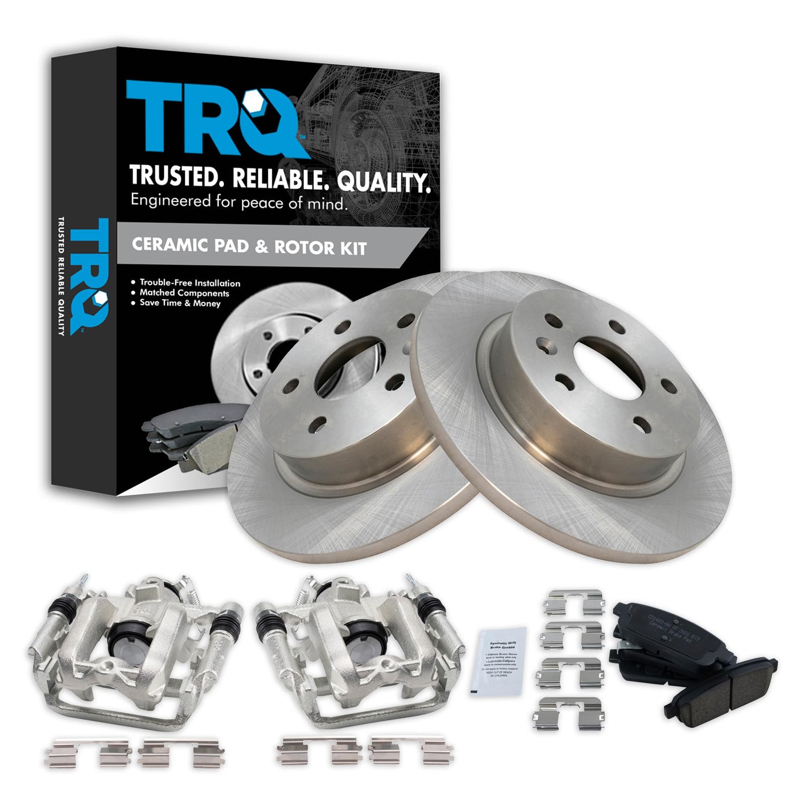 TRQ Rear Brake Pad and Rotor Set Ceramic Solid Rotors Calipers