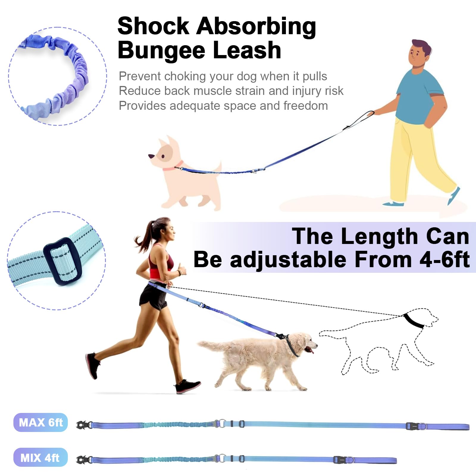 Guinzaglio per cani resistente con moschettone a sgancio rapido e guinzaglio elastico regolabile senza tirare, per passeggiate e addestramento, con cintura di sicurezza per auto, 1,2 - 1,8 m (viola