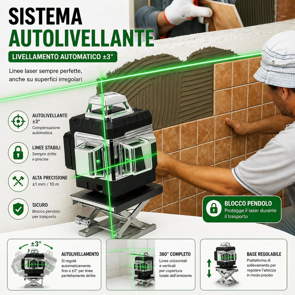 Livella Laser 4D Autolivellante 360° con 16 Linee Verdi, Sistema di Allineamento 3° Automatica, 2 Batterie Incluse, Supporto Girevole, Treppiede Regolabile fino a 1,2m, Telecomando e Valigetta