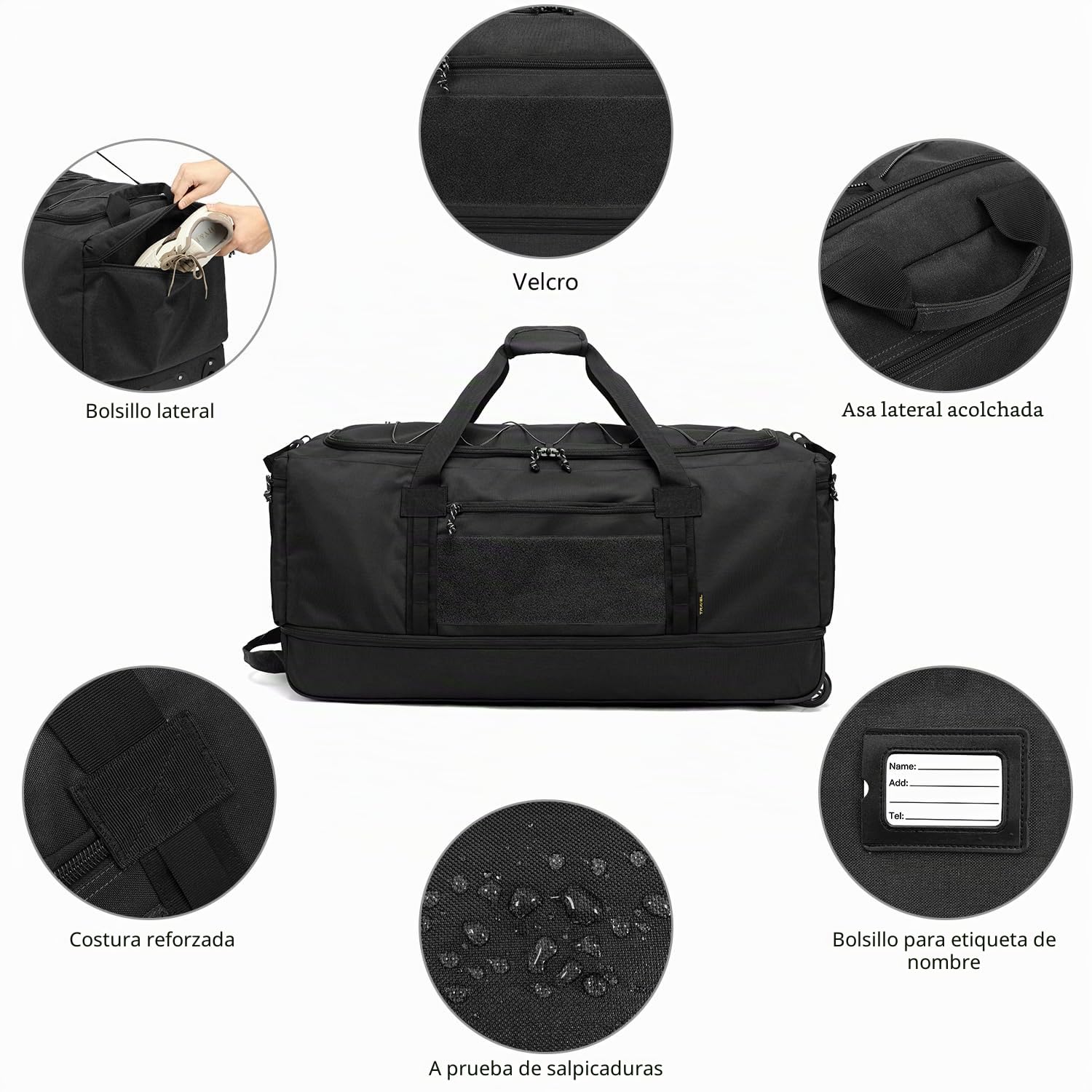Laripwit Plegable Bolsa de Viaje con Ruedas 130-170L Extensible Bolsa de Deporte Extra Grande Maletas de Viaje con Asas Múltiples para Cámping Fin de Semana o de Viajes, Negro