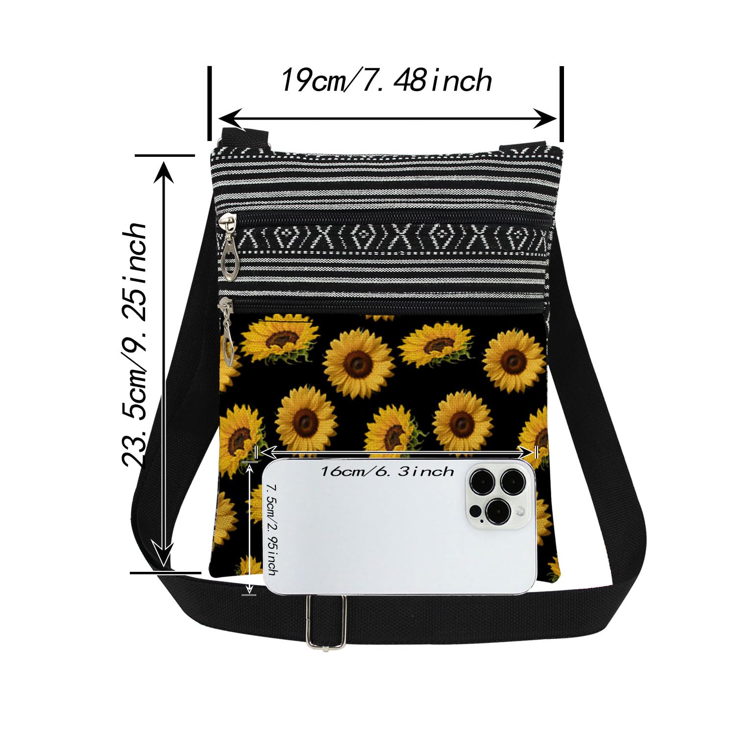 Sunflower Garden Crossbody Bag with Adjustable Strap Yellow Blooms Print Messenger Bag Sunflower Lover Zipper Wallet Christmas Gift for Friend Birthday or Mother's Day​​ Gift for Women's