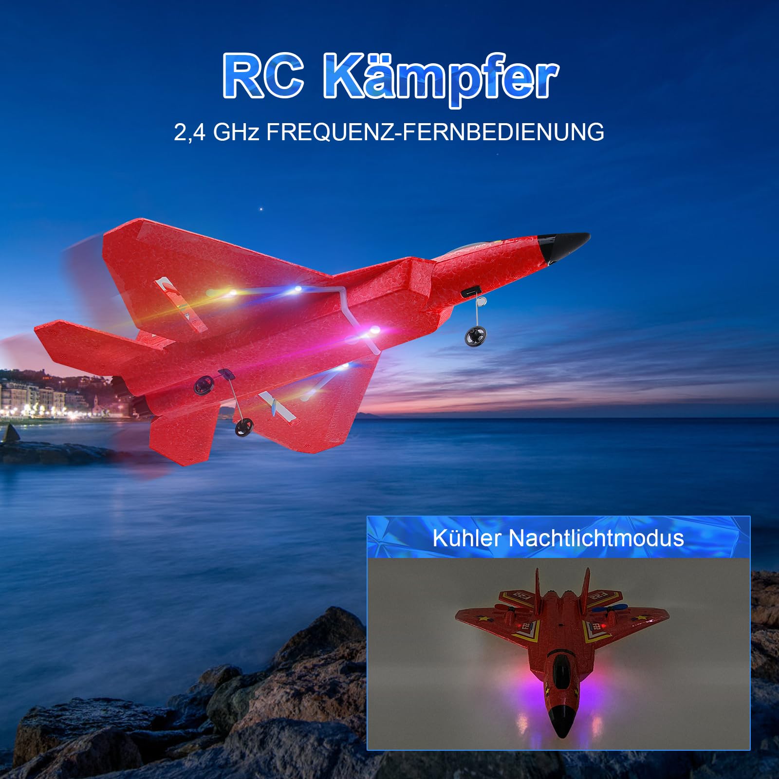 Henakmsl 3CH Aereo Telecomandato FX22, 2,4 GHz Aereo RC Aeroplano Telecomandato con 2 Batterie e Luci Colorate, Aliante Volante Telecomandato per Adatto a Bambini/Adulti/Principianti, Rosso