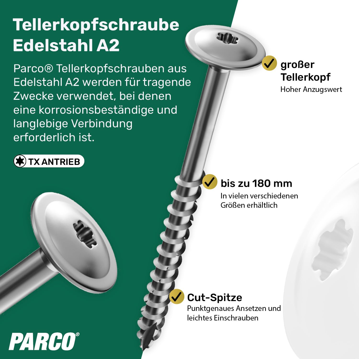 PARCO Tellerkopfschrauben Edelstahl A2 6x120mm - 100 Stück, ideal um ein - Gartenhaus, Terrassenüberdachung, Gartenzaun, Carport, Vordach oder eine Gartenhütte ohne Unterlegscheiben aufzubauen