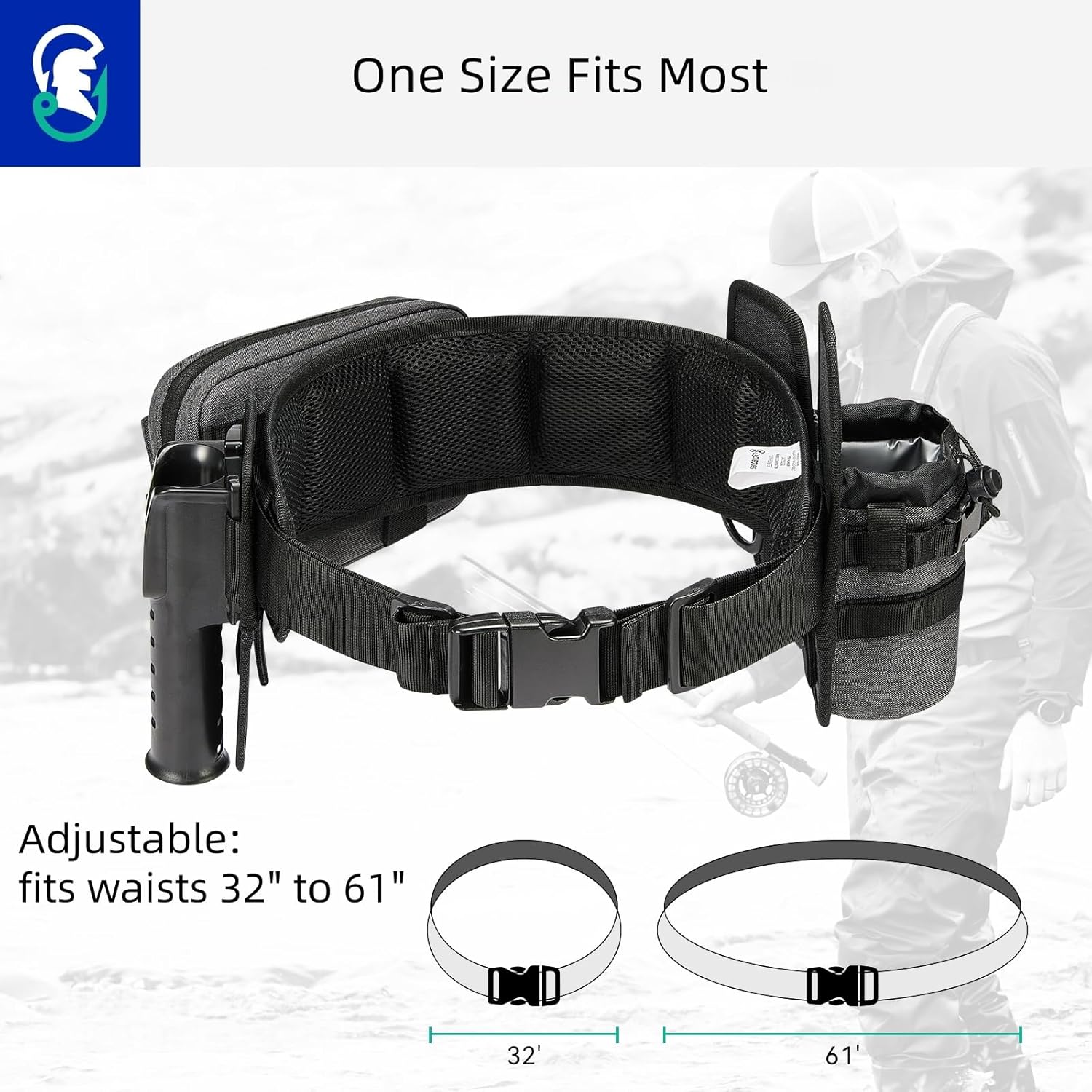 Modular Wading Belt Kit for Fly and Surf Fishing - Fixed Belly Rod Holder, 4 Detachable Modules, 2 D-Rings, Fits Waists 32" to 61" (Grey)