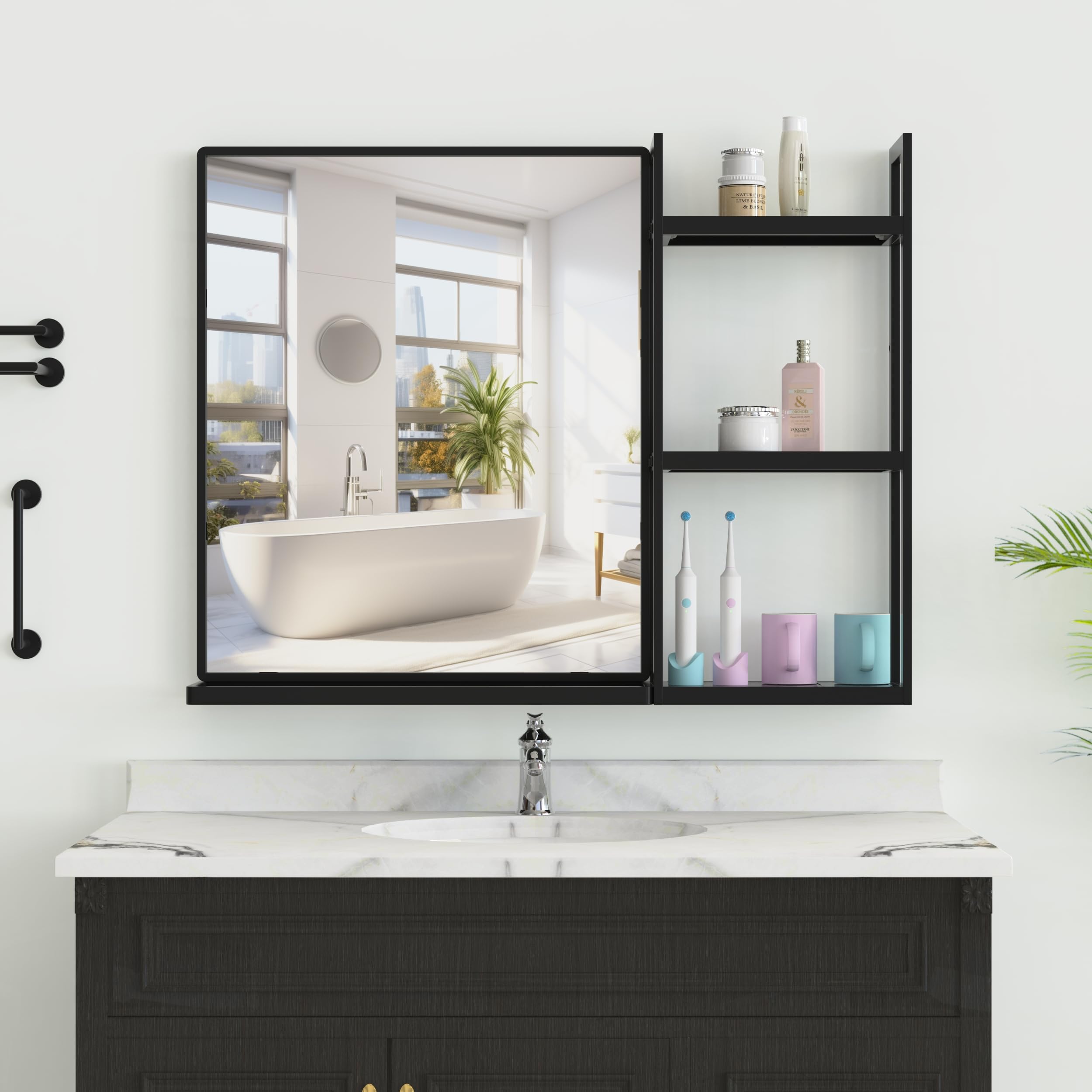 WONSTART Black Metal Framed Bathroom Mirror with Shelf, 24.4 * 31in Rectangular Wall Mounted Bathroom Vanity Mirror, Modern Bathroom Mirror with Storage for Over Sink, Entryway (Black)