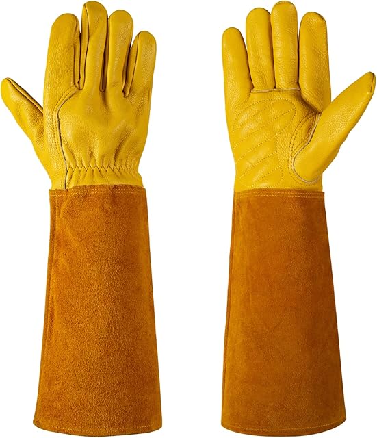 LingLuoFang Gardening Gloves for Women/Men Cut & Thorn Proof Rose Pruning Cowhide Leather Gauntlets, Heavy Duty Protective Long Gardening Gloves (M)