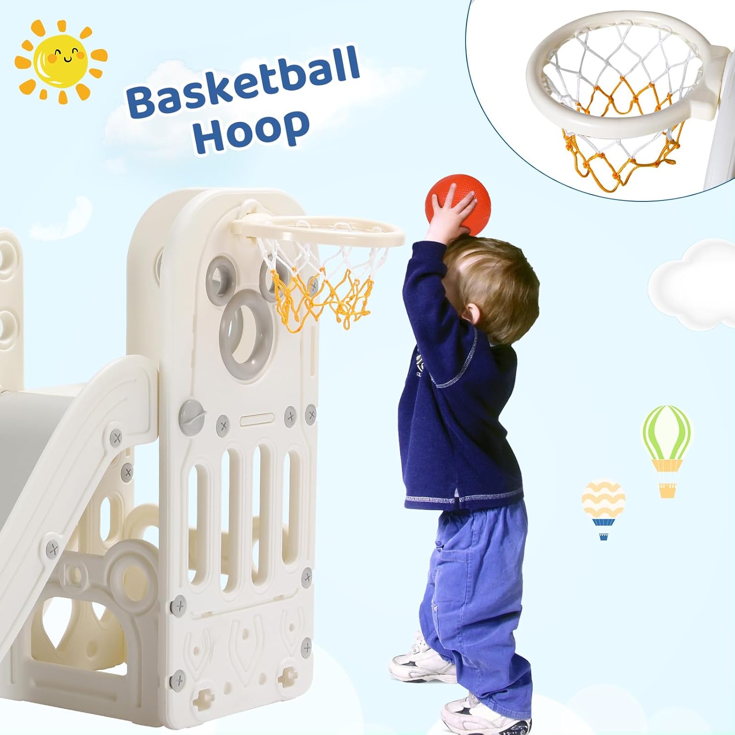 Arlopu 6 in 1 Toddler Slide, Kids Sturdy Slide with Basketball Hoop and Telescope, Non-Slip Steps, L-Shaped Baby Indoor and Outdoor Climber Playground Playset (White)