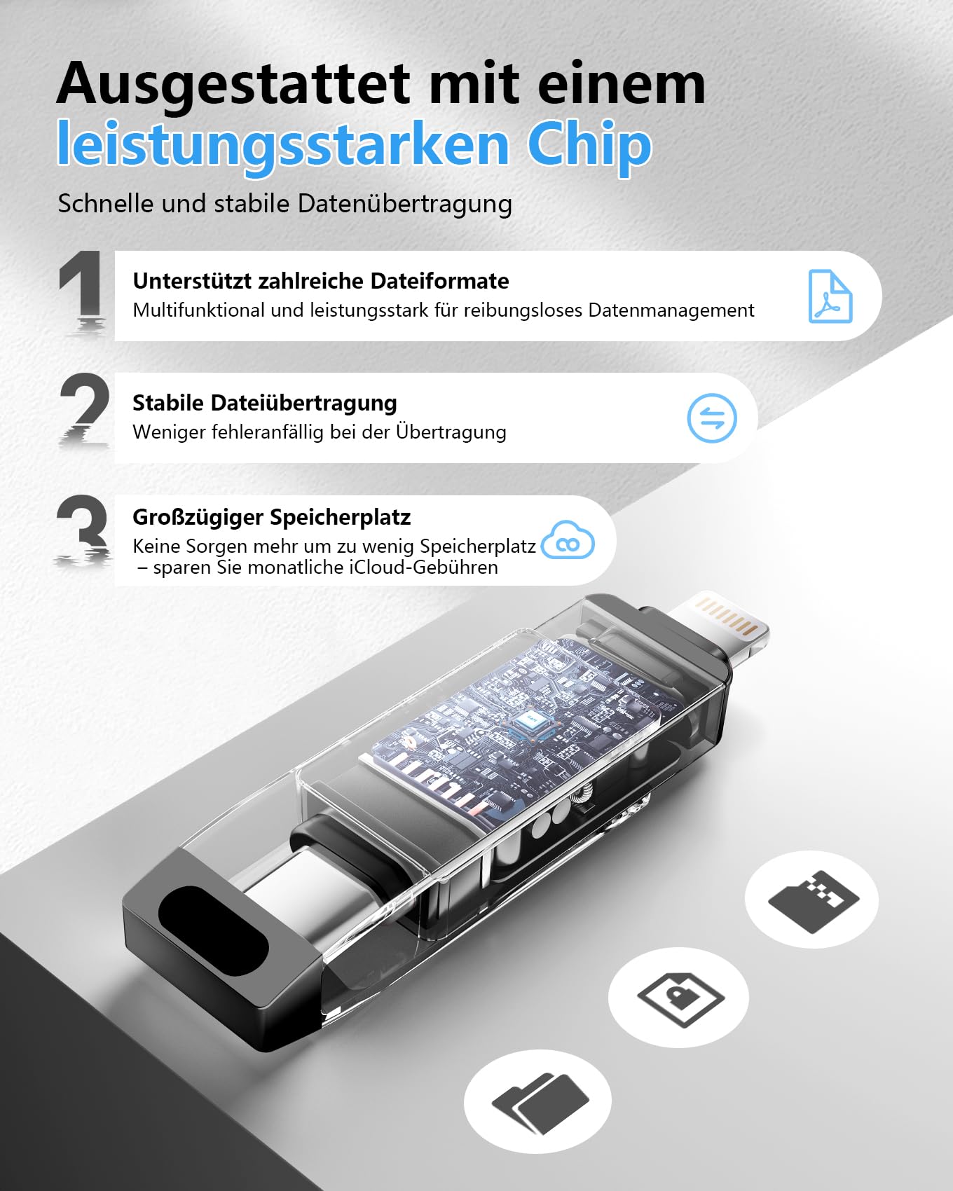 [Ohne App] USB Stick 512GB für iPhone MFi-zertifizierter, Lncnnk 3 in 1 Flash-Laufwerk, Lightning USB 3.0 Speicherstick Fotostick, USB C Stick für iPhone/iPad/OTG Android Handy/Mac/PC,Schwarz - 5