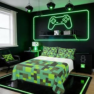 Manfei Pixel Grid Miners Bed Sheets Queen Size,Geometric Grid Patchwork Pixelated Bedding Set, Cartoon Gamepad Video Games Boys Girls Room Decor,Cyan Green Sheet(Fitted+Flat+2 Pillowcases)