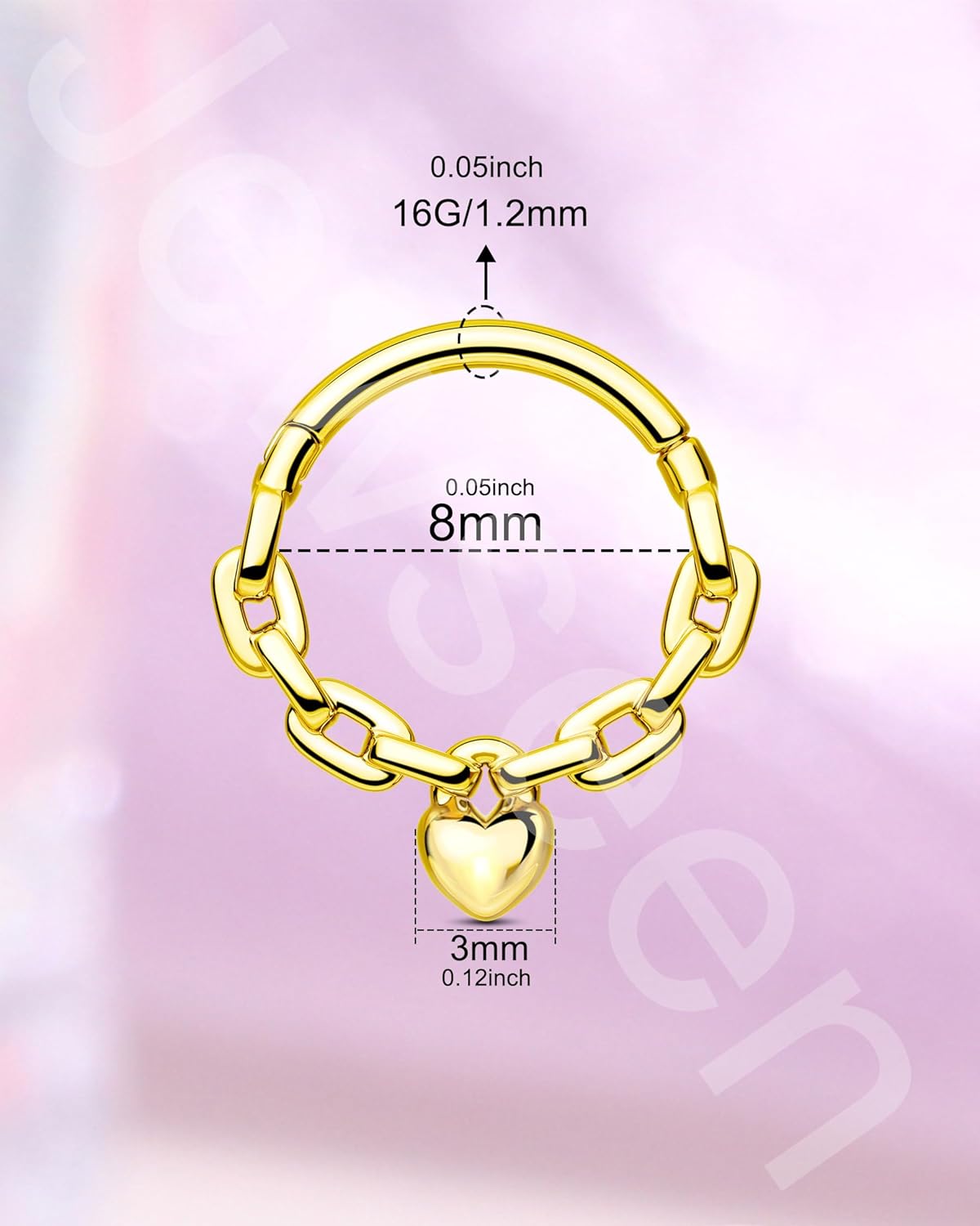 Jewseen 14K Gold Plated Septum Rings 16G 925 Sterling Silver Septum Jewelry Gold Daith Piercing Jewelry 8MM Dainty Heart Daith Earring for Women Cartilage Helix Earring For Women - Image 6