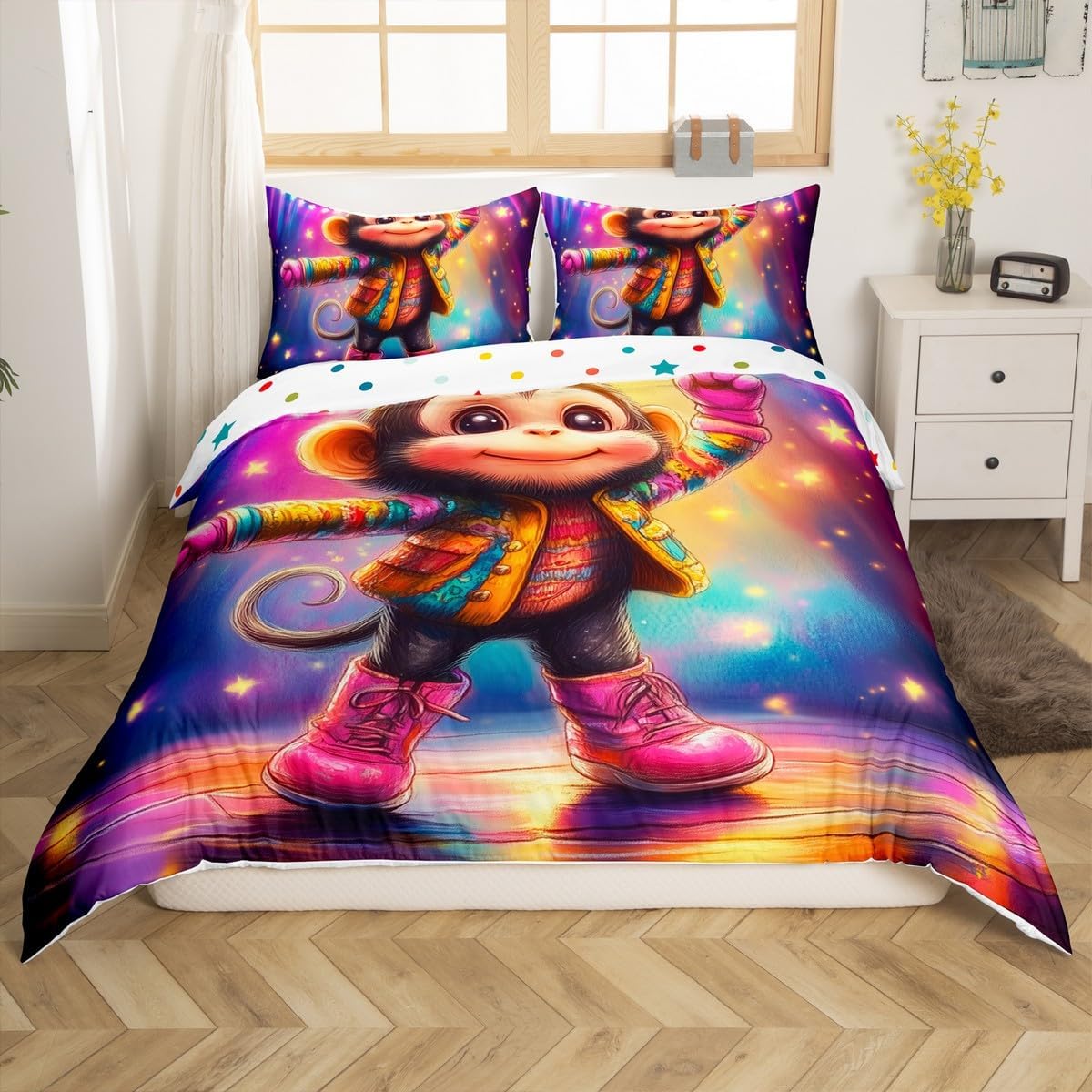 Cartoon Monkey Duvet Cover Set Toddler Size Colorful Rainbow Neon Bedding Set 2pcs for Kids Teens Tropical Animal Comforter Cover Cute Star Glitter Print Quilt Cover,1 Pillowcase(Not Comforter)