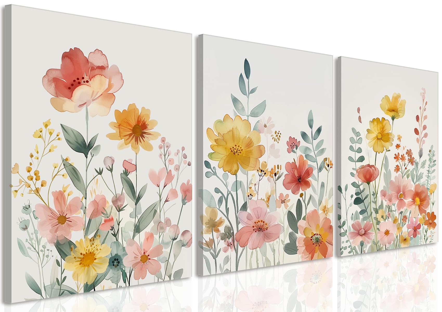 Framed Floral Canvas Wall Art Set Of 3, Colorful Wildflower Pictures Wall Decor Paintings, Flower Prints Aesthetic Home Decor for Living Room Girls