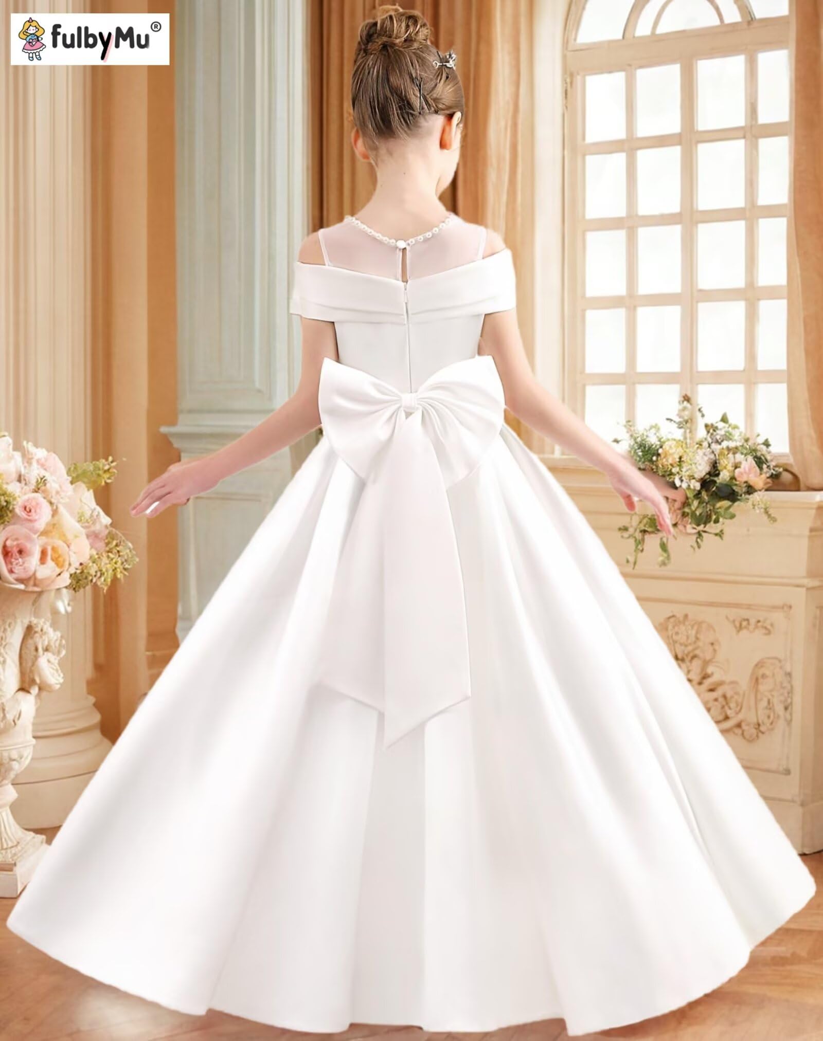 Vestido de satén para niña, vestido largo de fiesta con lazo, con cuentas, color liso, con cuentas