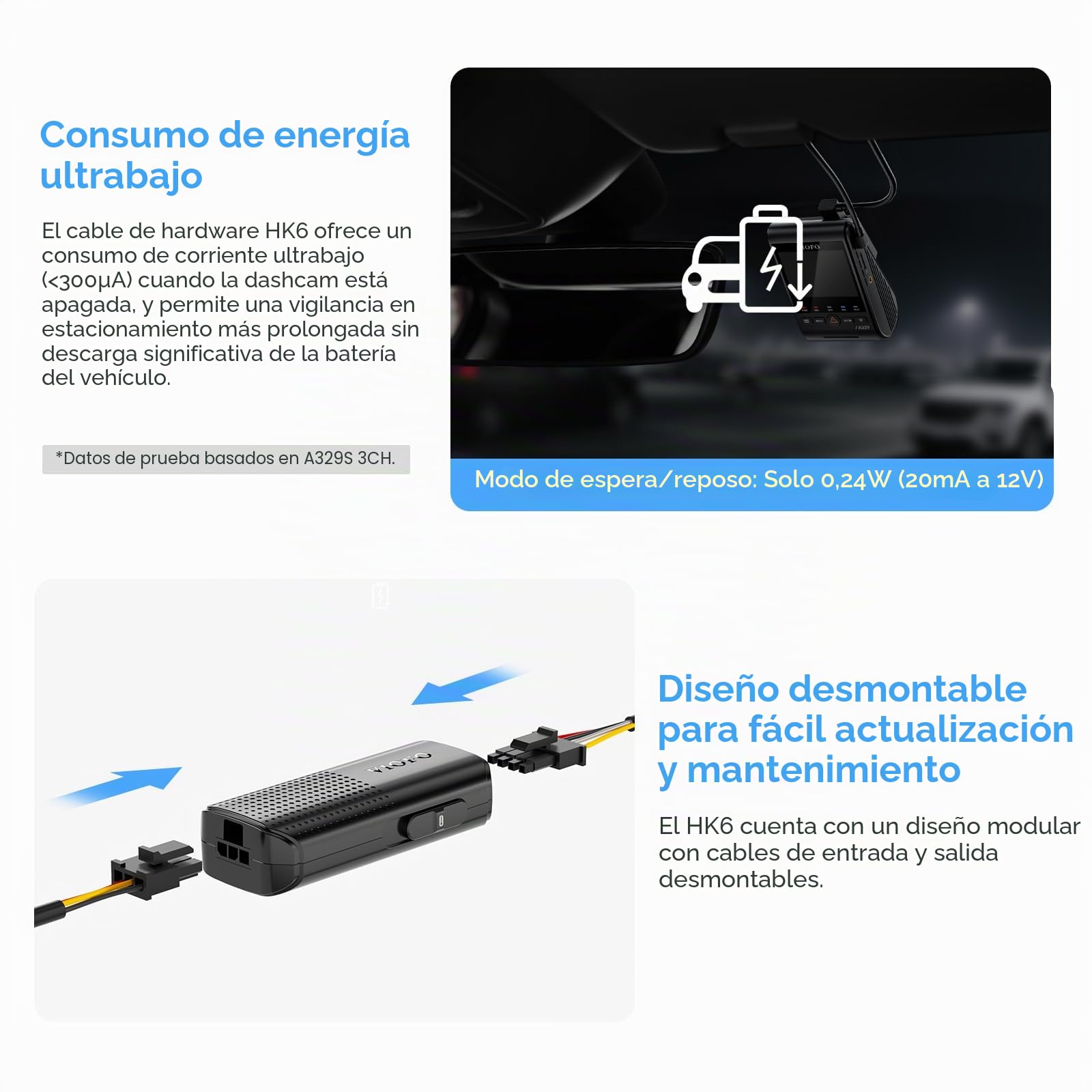 Cable de conexión Directa VIOFO Type-C HK6 Acc para la Serie A329S / A119M Pro, Compatible con el Modo de estacionamiento híbrido, visualización automática del Voltaje y bajo Consumo de energía
