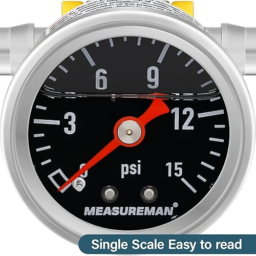 Miniatura 18 de MEASUREMAN - Manómetro de presión de combustible, 0 a 15 psi, acero inoxidable, relleno de glicerina, esfera negra de 1.5 pulgadas, adaptador en T
