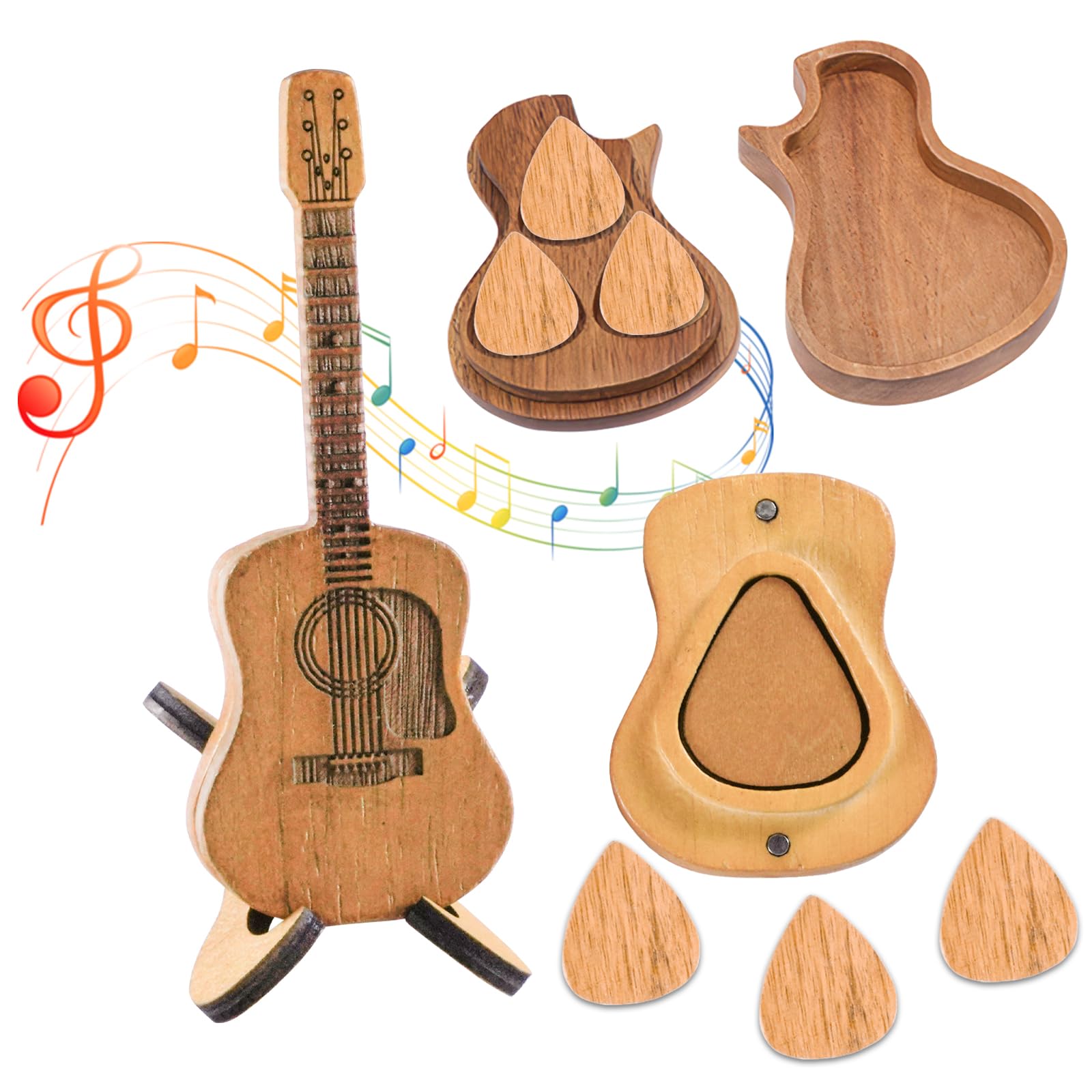 Wooden Guitar Pick Box with Stand - 6 Pcs Unique Guitar Picks, Musician Engraved Wooden Plectrum Case, Mini Guitar Shaped Guitar Pick Holder Case