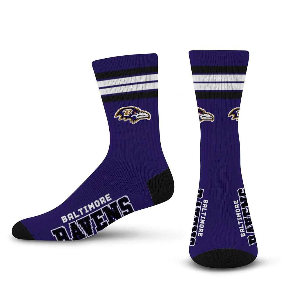 For Bare Feet NFL 4 Stripe Deuce Crew Sock, Baltimore Ravens, Large