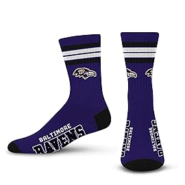 For Bare Feet NFL 4 Stripe Deuce Crew Sock, Baltimore Ravens, Large