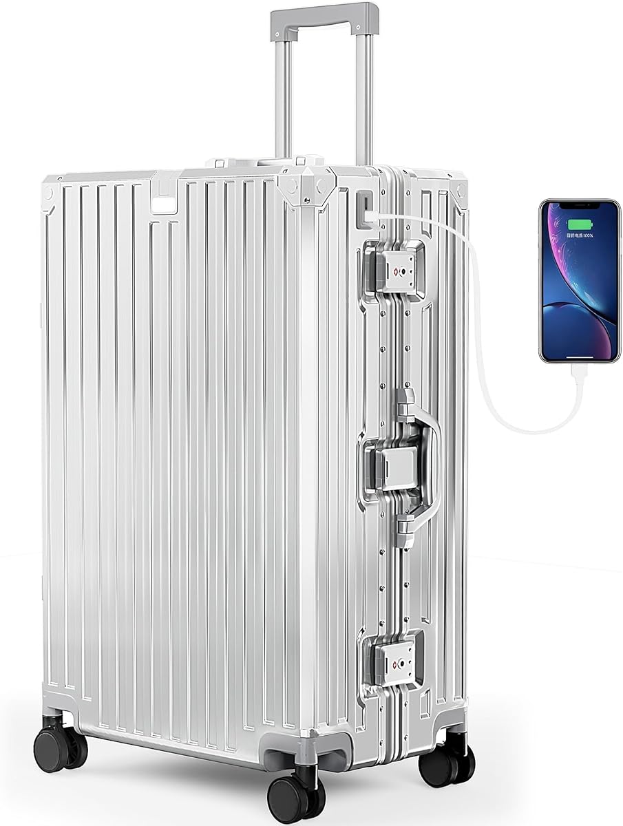 ALPHA CAMP Koffer XL Reisekoffer mit Rollen TSA Schloss, Hartschalenkoffer Groß Suitcase Aluminium Rahmen Polycarbonat, Koffer Silber Groß Rollkoffer 49x30x76cm Luggage Reisekoffer Leichte für Reise