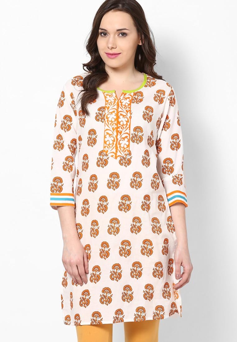 Jaipur Kurti Orange Printed Cotton Kurti at Amazon Women’s Clothing store
