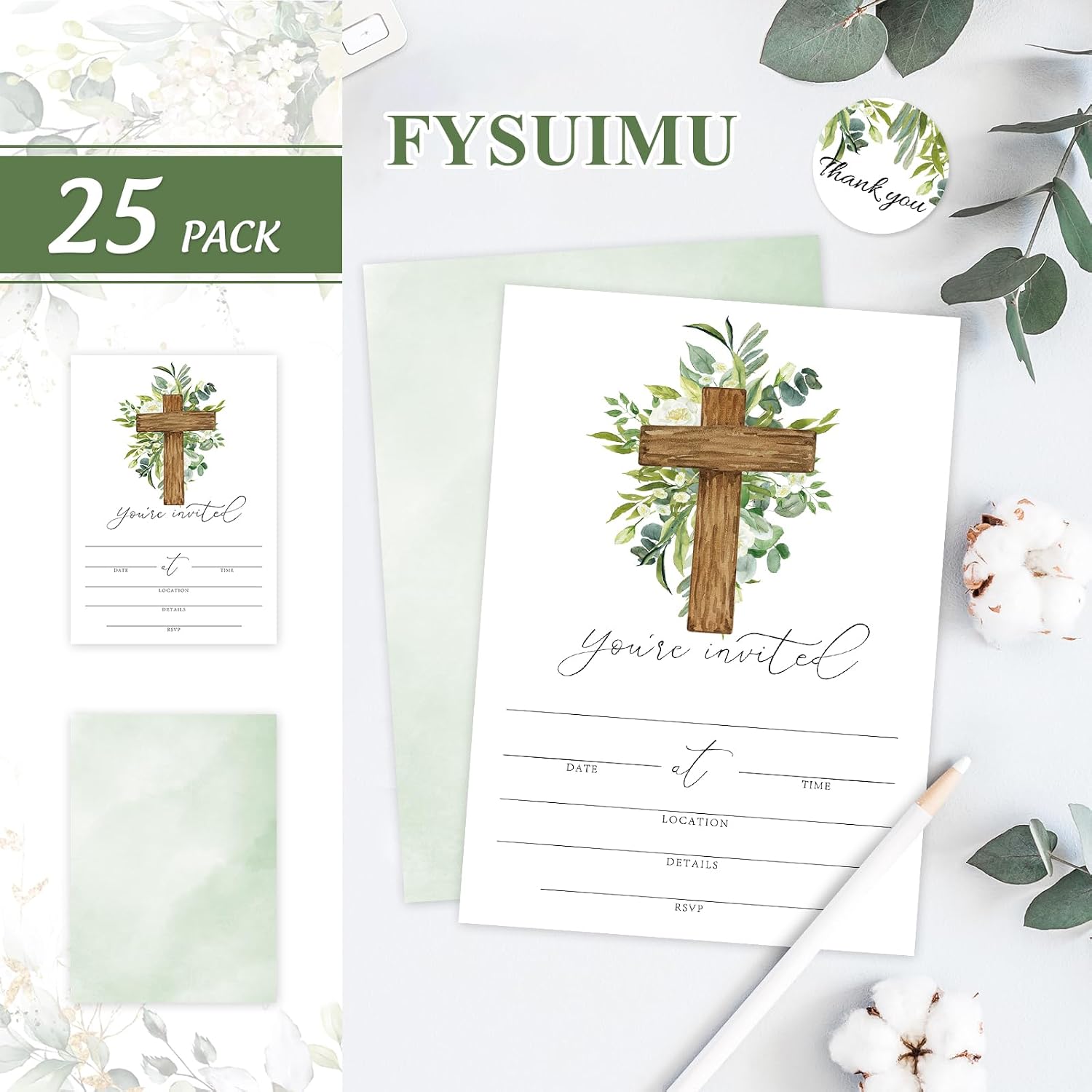 FYSUIMU 25 Sets Funeral Invitation with Envelopes Stickers Cross Eucalyptus Leaves Bereavement Invites Cards for Memorial Service Loved Ones Celebration of Life