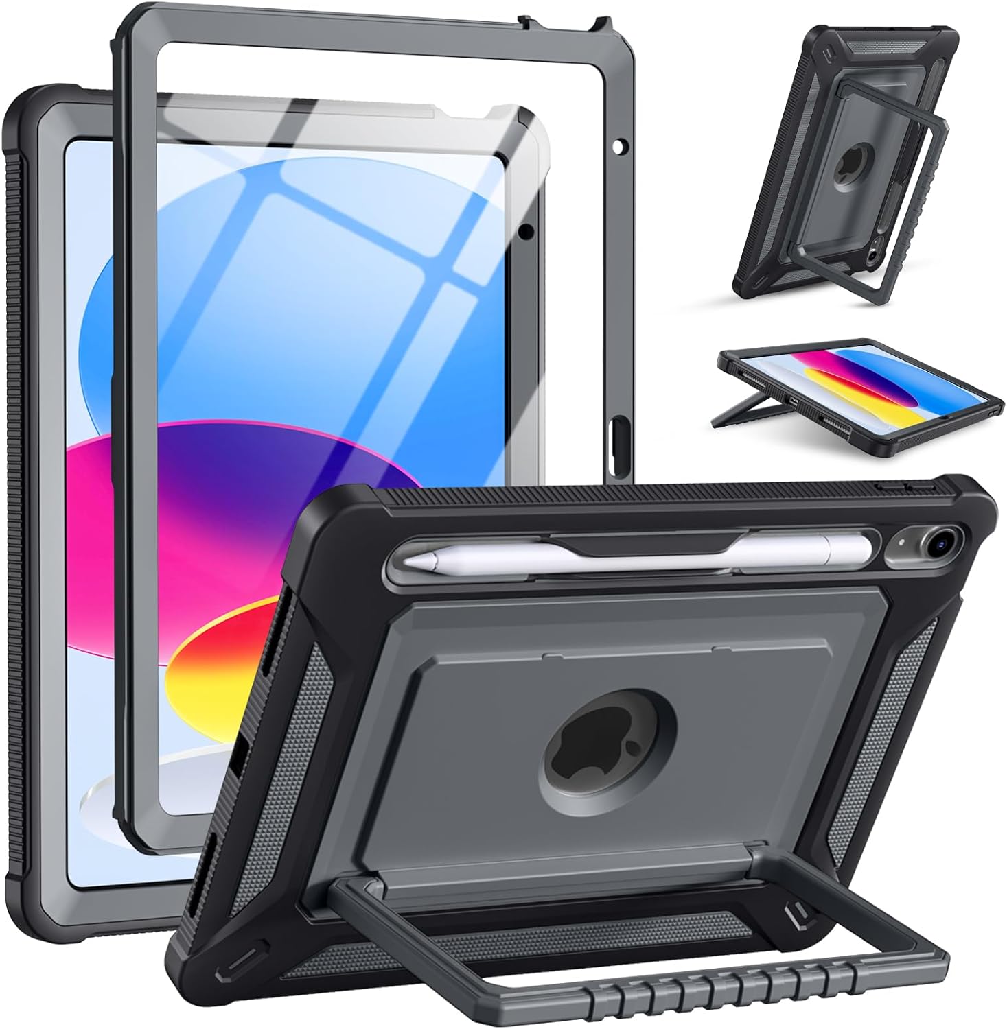 Akkerds for iPad A16 case 11th Generation 11 Inch 2025 - for iPad 10th Generation case 10.9 Inch 2022 with Pencil Holder - Screen Protector and Kickstand - Heavy Duty Rugged Protective Cover - Gray