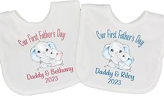 Personalised Our First 1st Fathers Day Baby Bib 2023 Girl Boy Outfit Father's Elephant Daddy