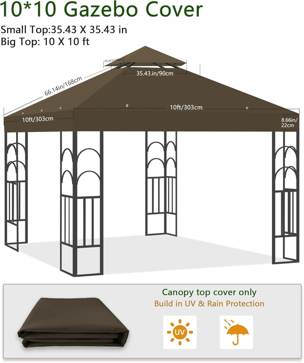 10x10 Gazebo Replacement Top, 10x10 FT Canopy Gazebo Cover Replacement Double Tiered with Air Vent Roof for Yard Patio Garden