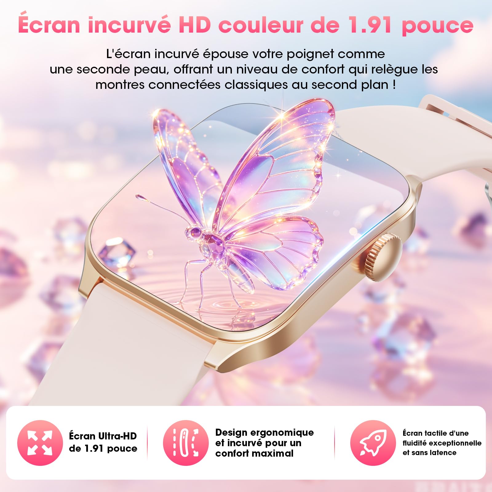 Montre Connectée Femme, 7 Bracelets Cadeau, 1,91" Écran incurvé Smartwatch | Appels Bluetooth, Assistant vocal, 100＋Modes Sportifs, Suivi Fréquence Cardiaque/Sommeil/SpO2, Etanche IP67 pour Android iOS