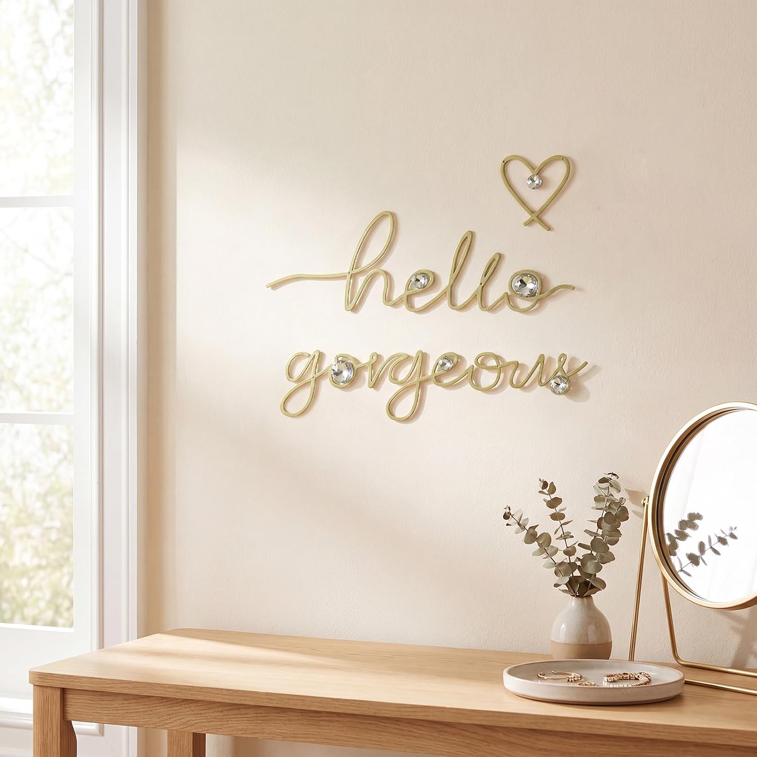 ZEXUIRU 3 Pcs Hello Gorgeous Metal Art for Wall Decor Living Room Bathroom Bling Modern Elegant Minimalist Heart-Shaped Silhouette Wall Art Signs Pieces Beautiful - Gold
