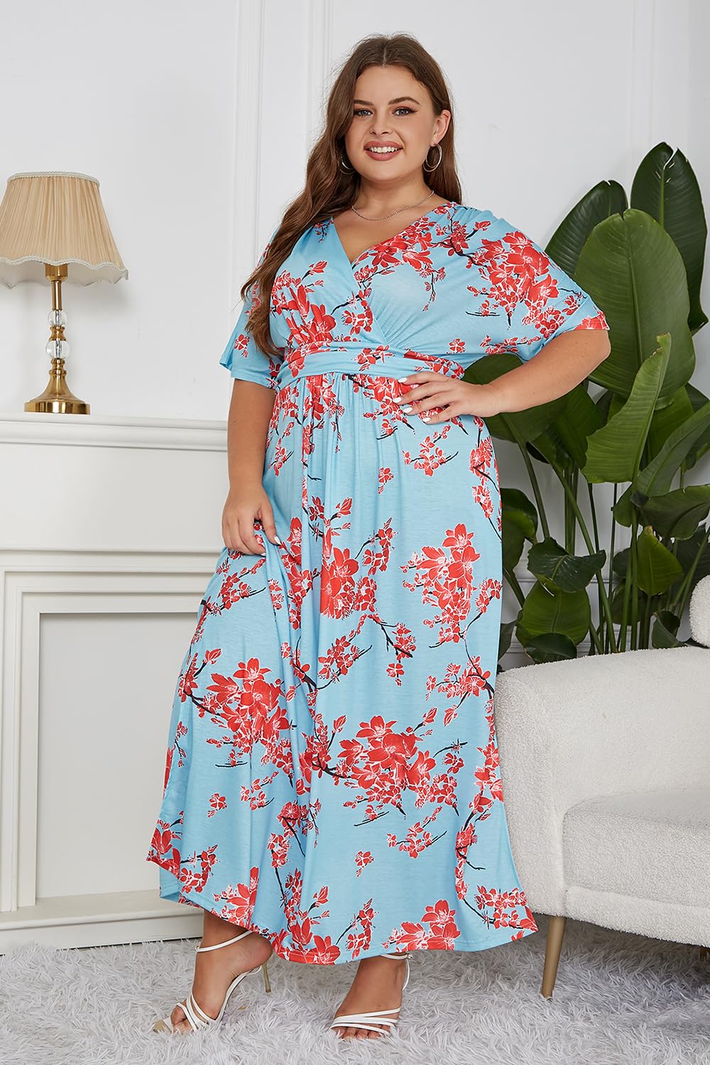 Keluummi Vestido Largo para invitada de Boda de Talla Grande para Mujeres con Curvas, Vestido de cóctel Largo de Verano Casual con Cintura Imperio Floral, Manga 3/4