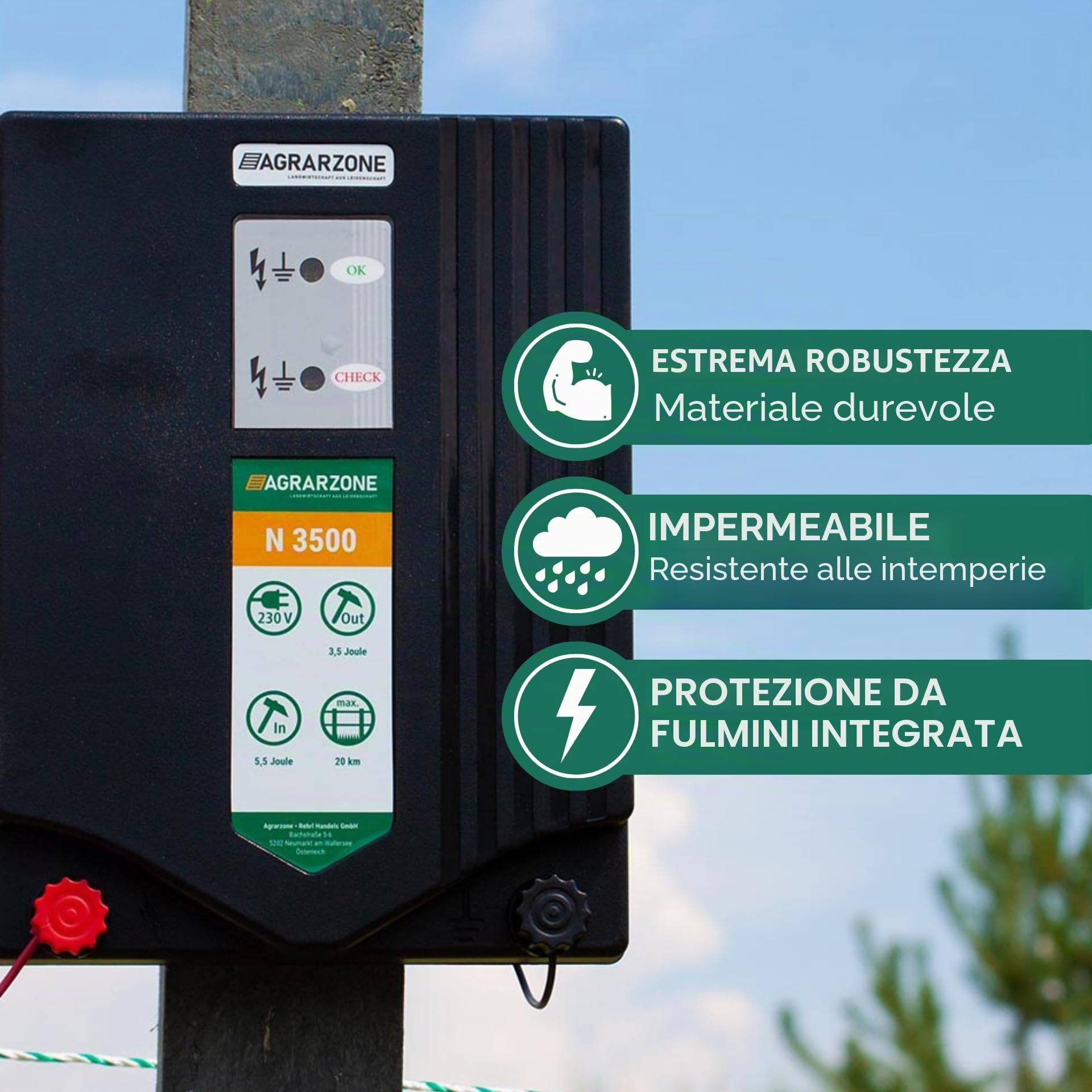 Agrarzone Elettrificatore per recinti N 3500 230V, 5,5 Joule - Potente e affidabile per recinzioni Fino a 20 km (11.000 V) - con Spia LED di Controllo, Ideale per Cavalli, bovini e Ovini