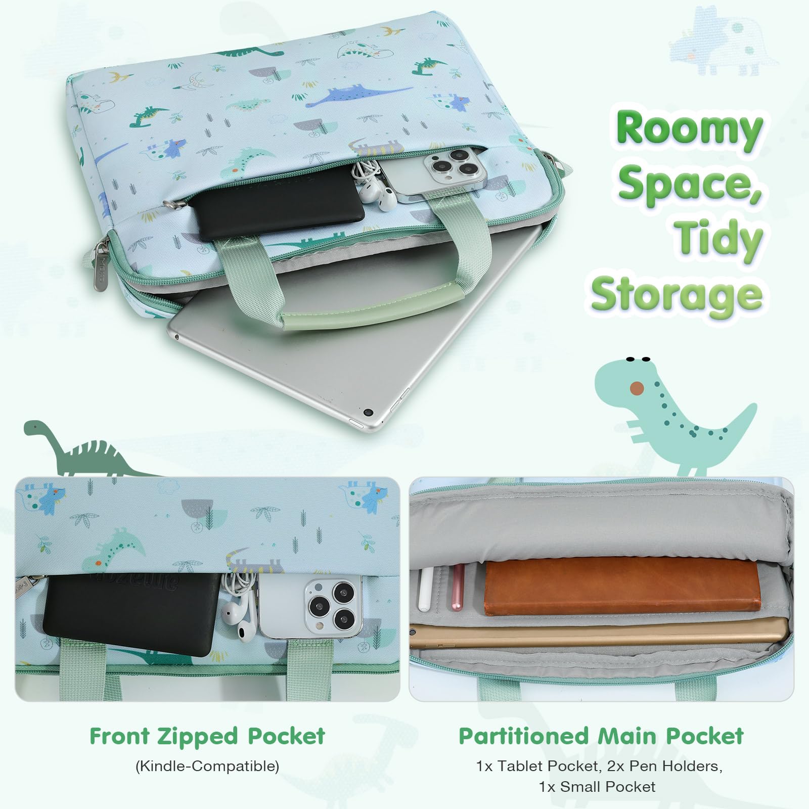 MoKo 10-12.5 Inch Kids Tablet Sleeve Carrying Case for Fire HD 10 13th/11th Gen, Fire HD 8/7 Kids 2022, Tablet Bag with Shoulder Strap for 10/10.1 Inch Android 12/13, Green Dinosaur