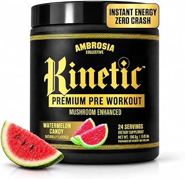 Ambrosia Organic Mushroom Pre Workout Powder | Lions Mane, Cordyceps & Reishi | Clean Pre Workout | Mushroom Energy & Focus | 24 Servings | Watermelon Candy