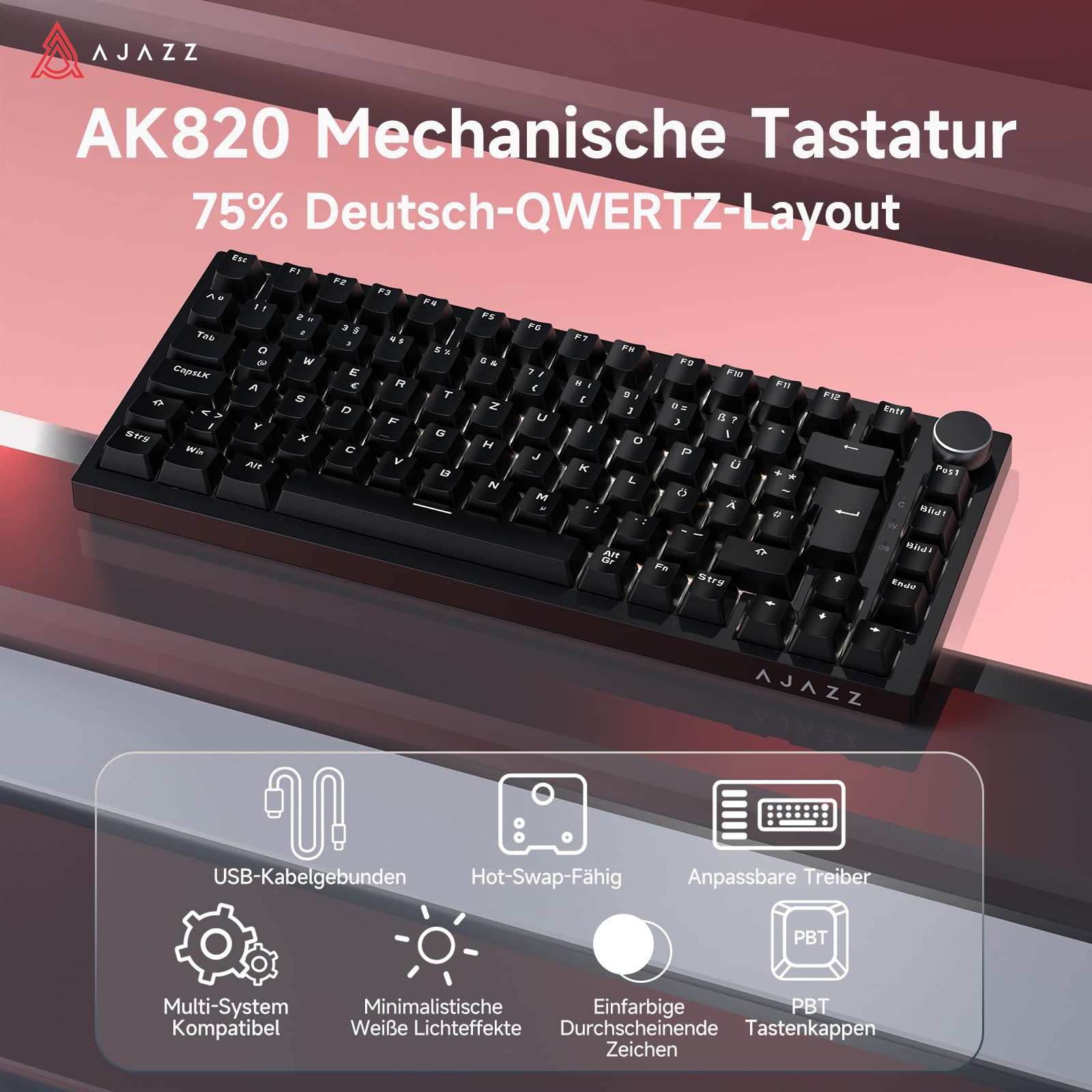 AJAZZ AK820 75% Hot Swappable Wired Mechanical Keyboard, German QWERTZ Layout, PBT Keycaps, 82-Keys Gaming Keyboard, Black