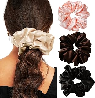 Big Satin Scrunchies for Women, XL Oversized Hair Scrunchies for Thick Hair, Extra Large Soft Silk Pillow Scrunchy, Jumbo Hair Tie for Curly Hair Buns Ponytails, 4 Pack(B)
