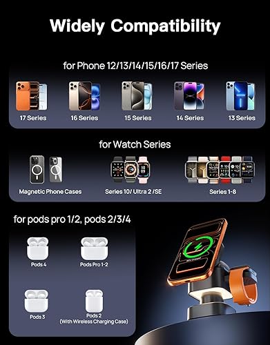 Miniatura 4 de HAWANA Estación de carga 4 en 1 con lámpara de noche compatible con función de carga magnética, soporte de viaje, carga rápida 3 en 1, múltiples