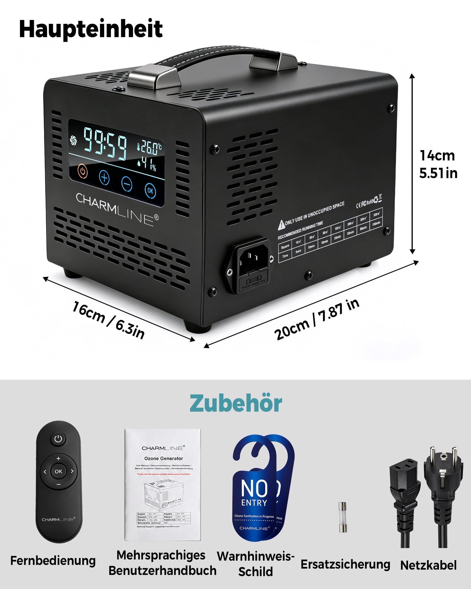 Charmline Smart Ozongenerator 60000 mg/h mit Fernbedienung, zur Geruchsbeseitigung in Autos, Räumen, Kellern, bis 500 m², Schwarz