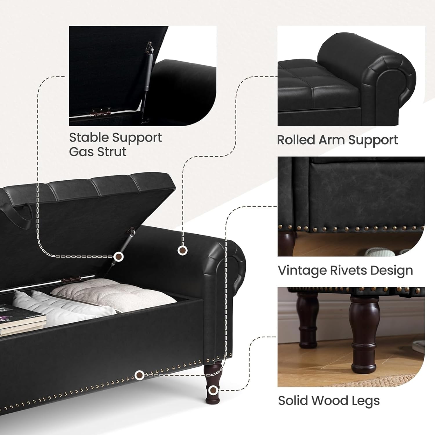 YOUDENOVA 51” Storage Bench with Rolled Arms, Upholstered Bed Bench with Vintage Rivets, PU Leather Bench for Bedroom End of Bed, Living Room, Entryway, Black