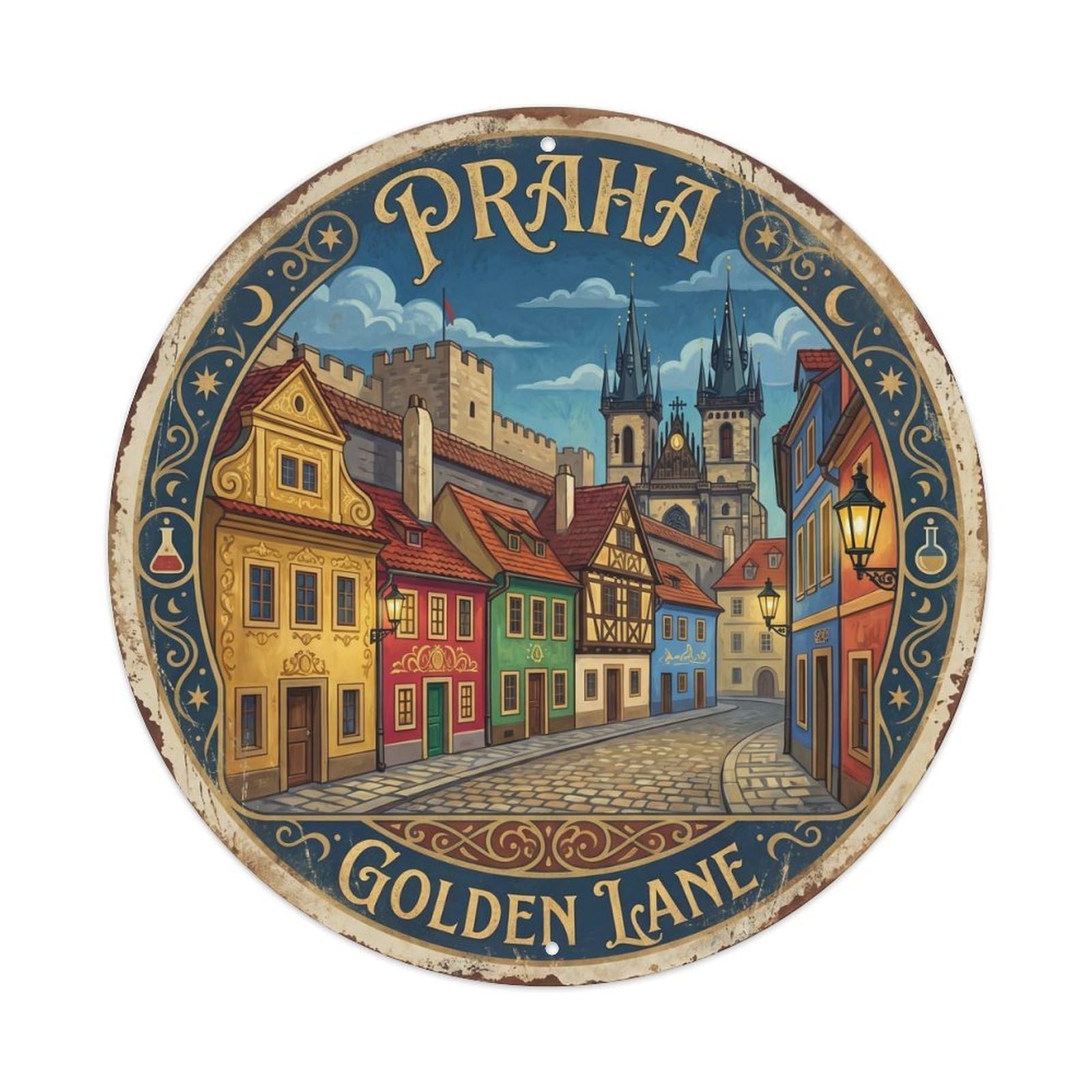 Vintage Travel Prague Golden Czech Metal Tin Sign