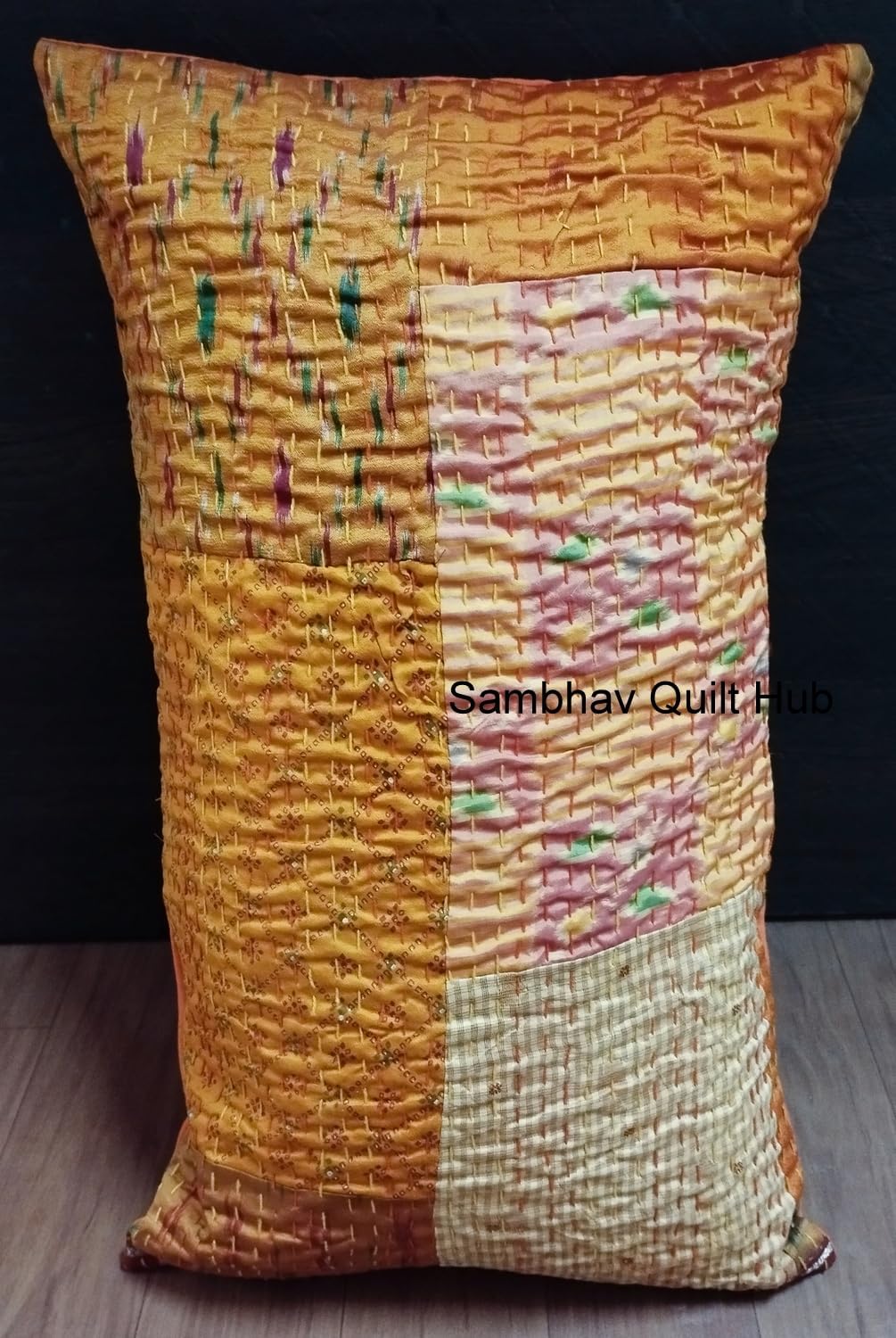 Handmade Vintage Silk Sari Patchwork Kantha Quilt Sofa Throw Vintage Home Decorative Lumbar Boho Throw Pillow Cover (Orange, 20X26 inch)