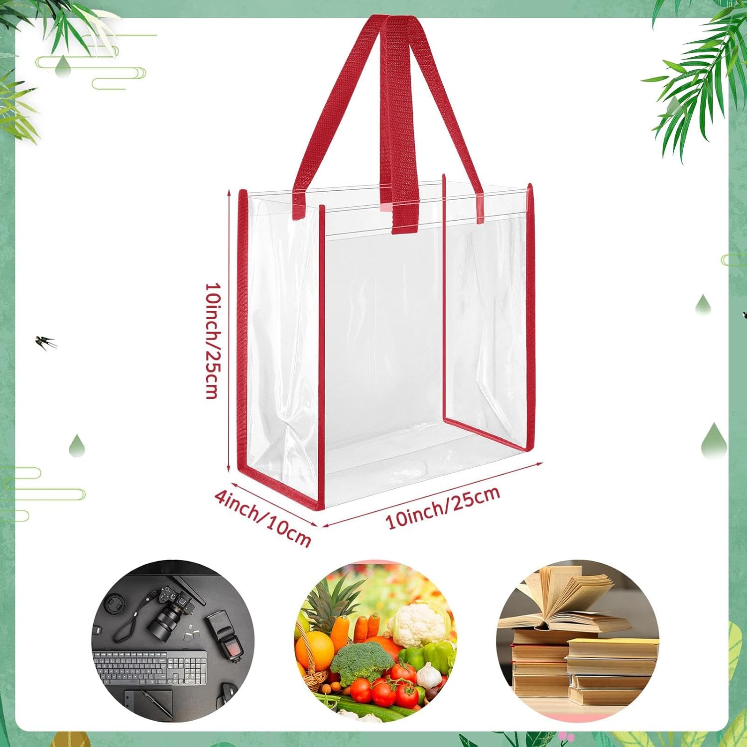 Paterr 30 Pcs Clear Tote Bag Stadium Approved Bulk 10 x 10 x 4 inch Plastic Tote Gifts Bags with Handle for Women Sports Gym(Red) - Image 4