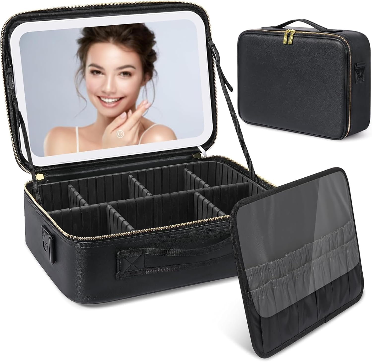 Deciniee Extra Large Makeup Organiser With Vanity Mirror and Lights – 27 * 38cm Travel Make Up Bag With Adjustable Dividers – Black